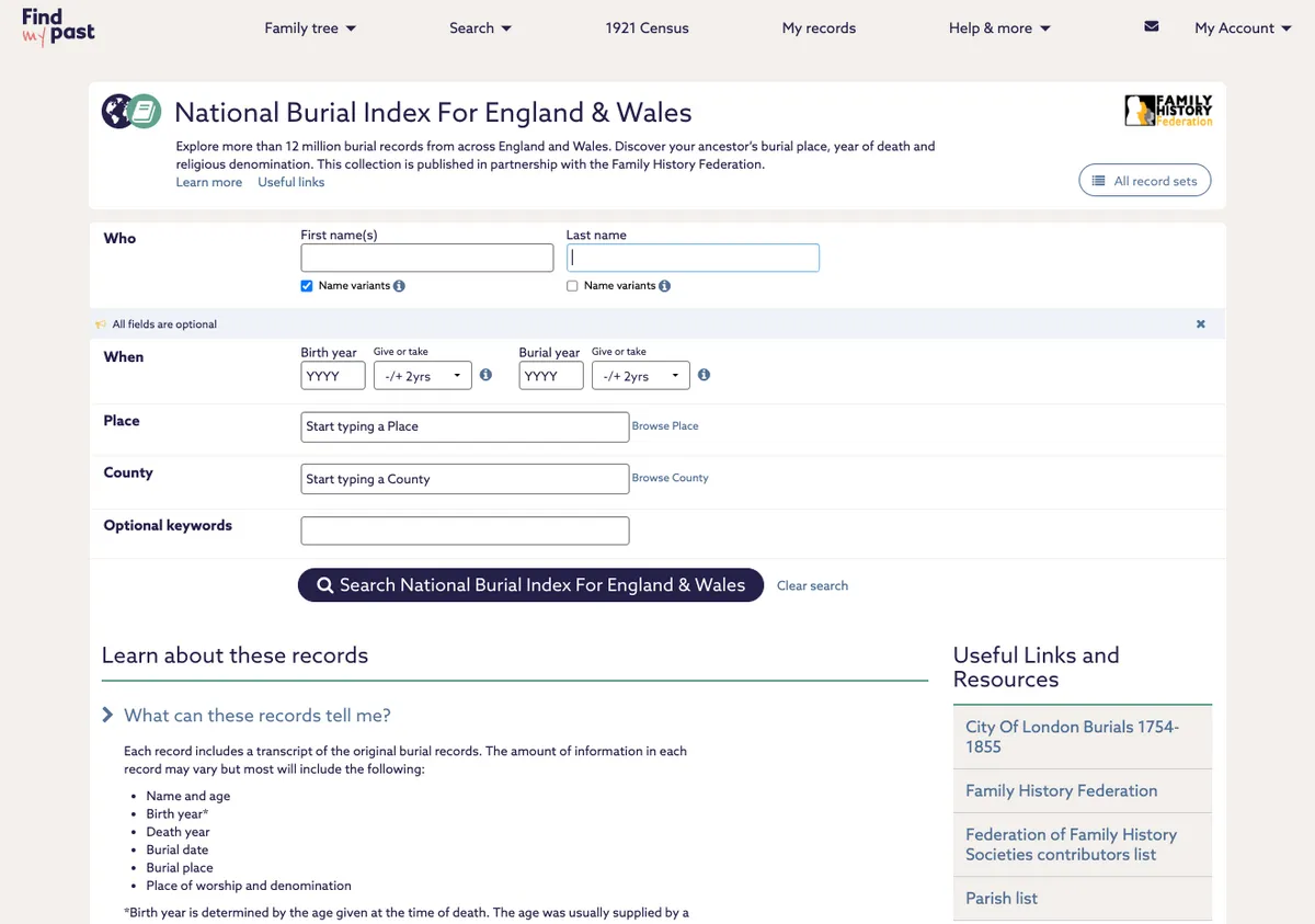 Findmypast national burial index