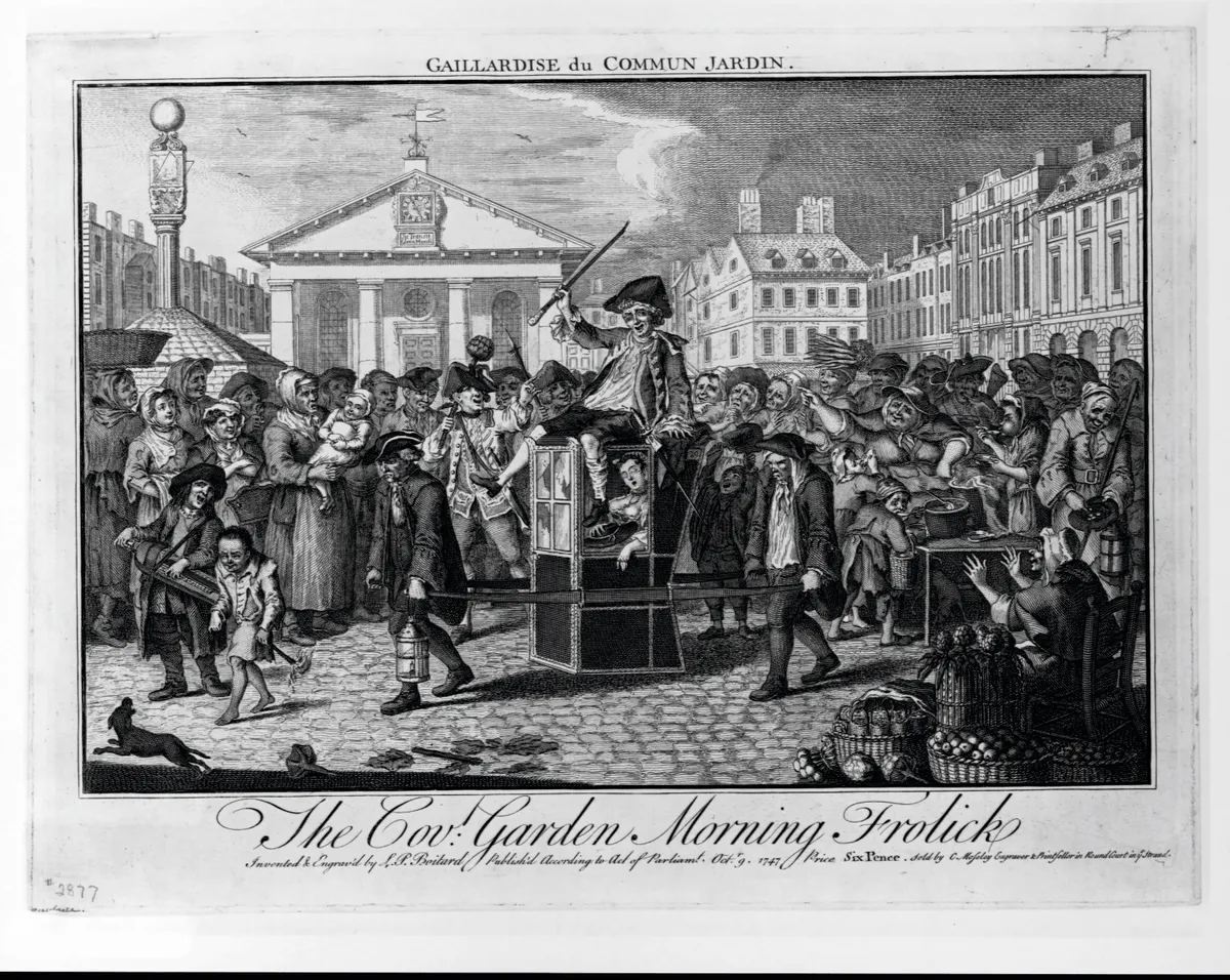 A black and white etching of a man being carried in a sedan chair through London while a crowd jeers at him
