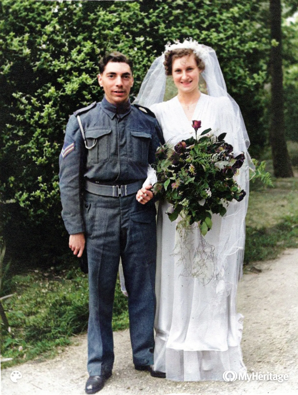 Colourised Second World War wedding photo