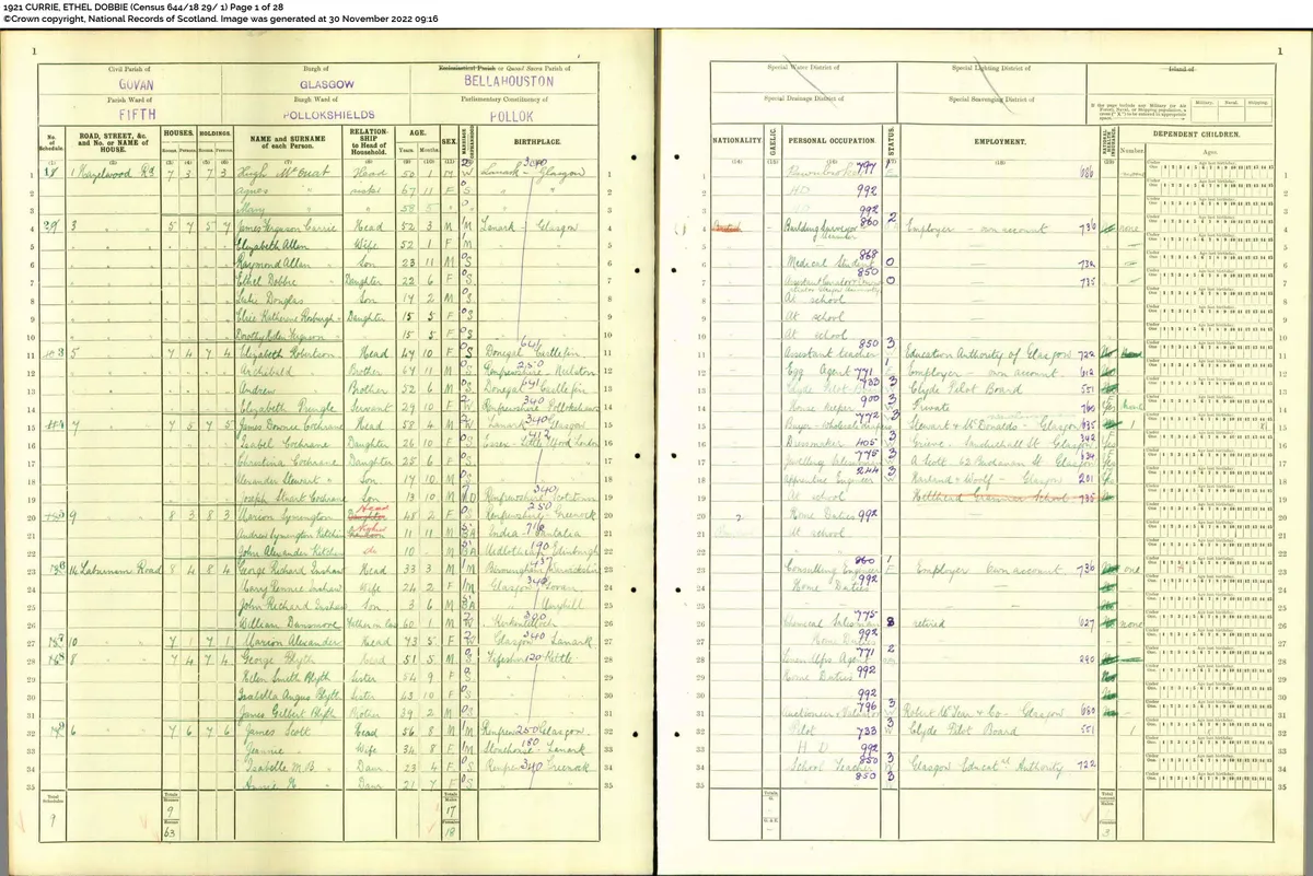 Eminent paleontologist and geologist Ethel Dobbie Currie is recorded in the 1921 census Scotland in the first year of her job as assistant curator at The Hunterian in Glasgow