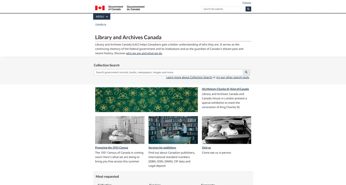 A white web page with 'Library and Archives Canada' written at the top