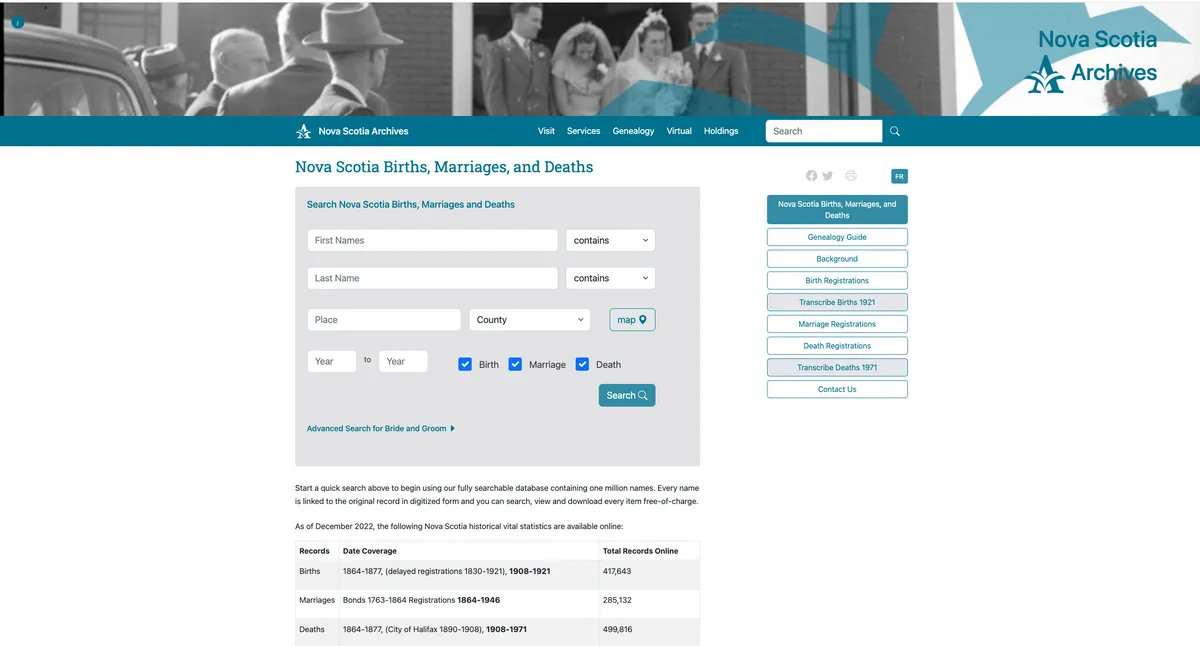 A web page with a blue heading, 'Nova Scotia Births, Marriages and Deaths' written on it and a search form