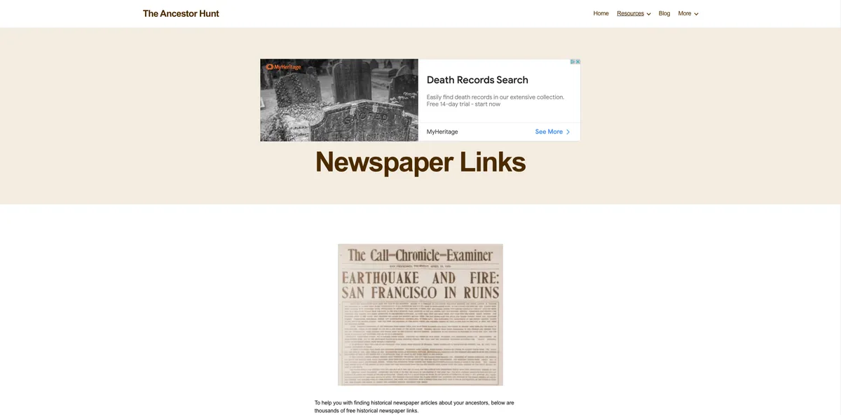 A dull-coloured webpage with a picture of an old newspaper article with the headline 'Earthquake and Fire: San Francisco in Ruins'
