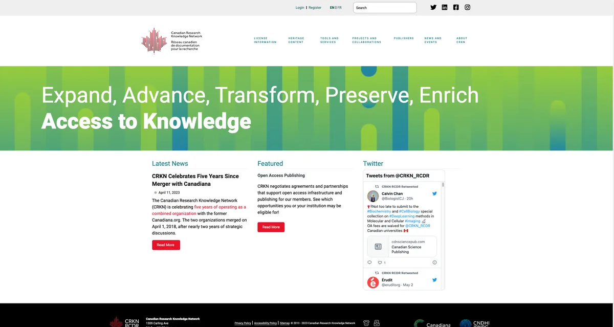 A screenshot of a web page with a green banner saying 'Expand, Advance, Transform, Preserve, Enrich - Access to Knowledge'