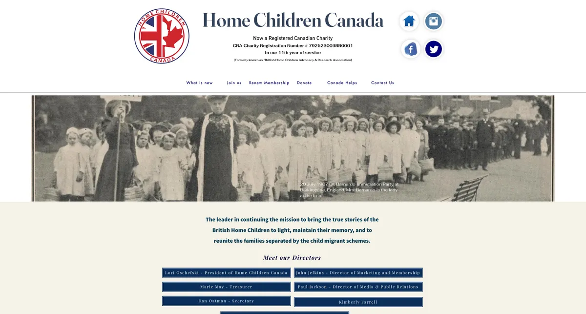 A screenshot of a web page with the heading 'Home Children Canada' and a black and white photograph of some children