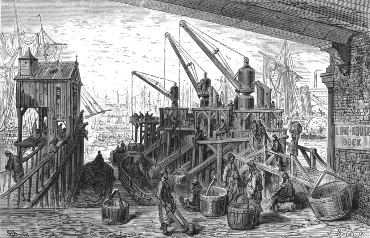 Unloading goods in the London Docklands, 1872