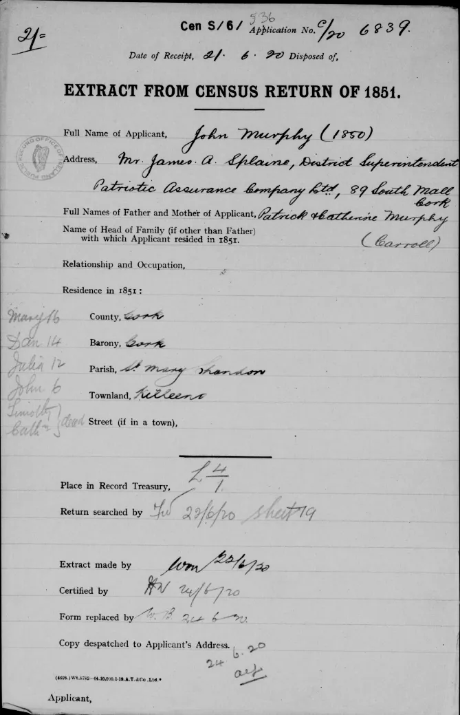  An Irish census search form from 1920 showing the applicant's entry in the 1851 census