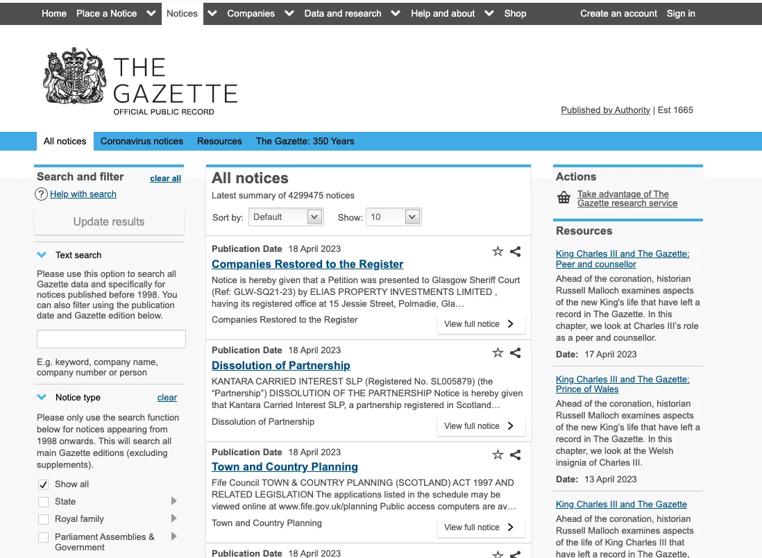 The London Gazette search