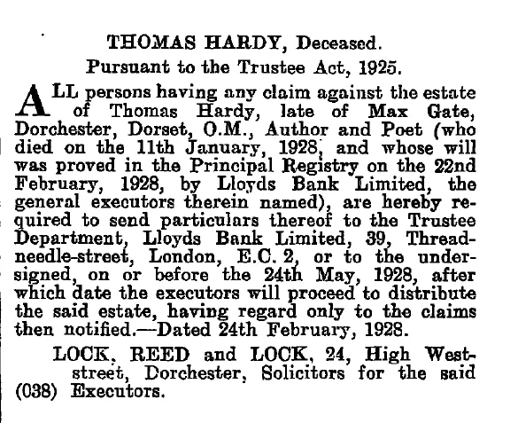 Thomas Hardy Deceased Estates Notice