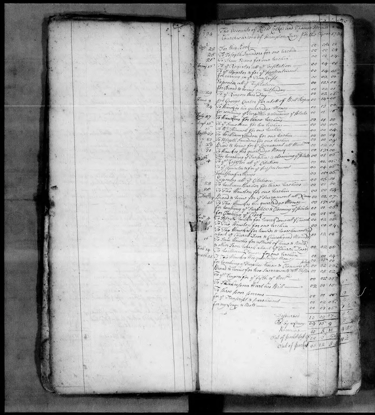 A churchwardens' accounts record from Hampton Lucy, Warwickshire, 1734 parish chest