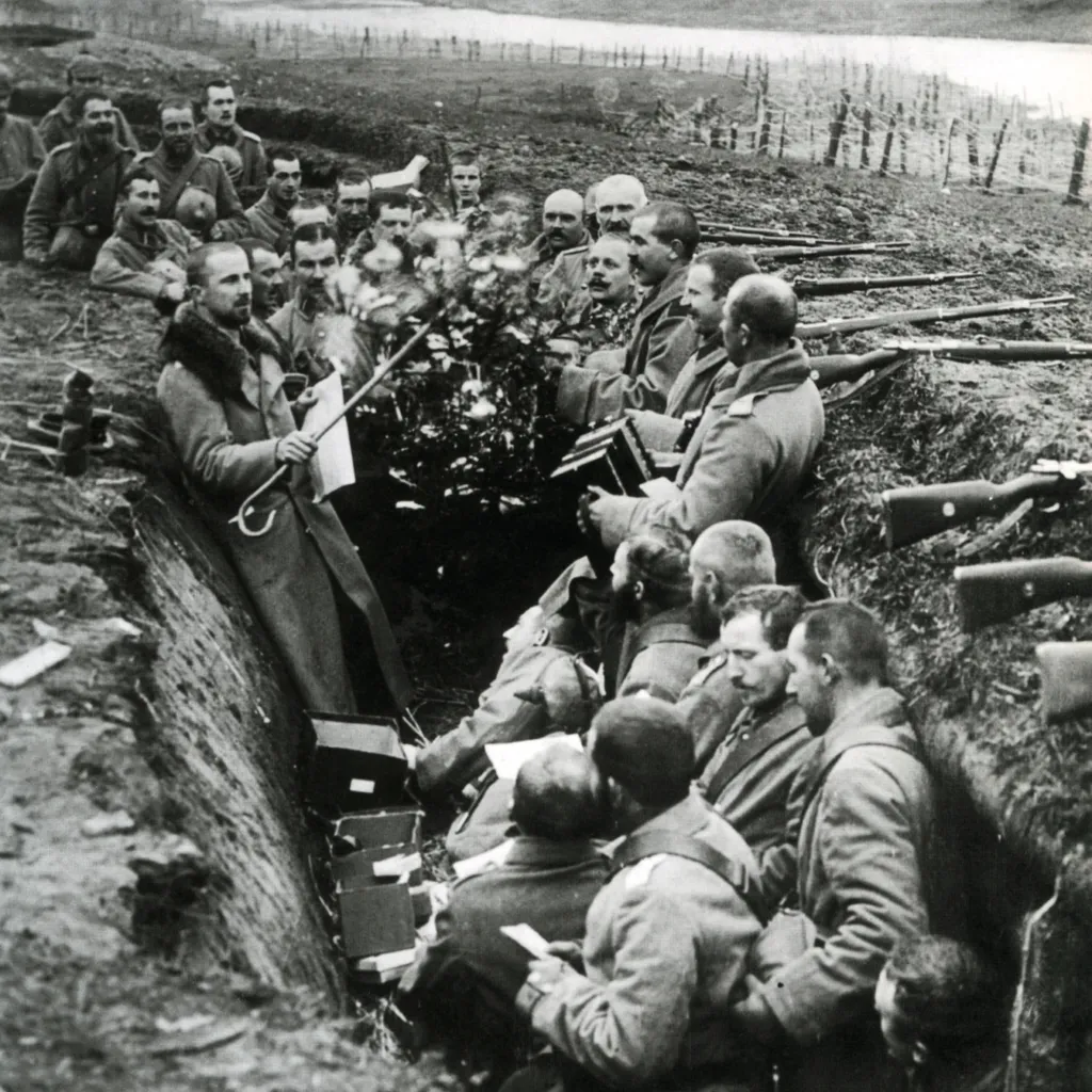 A black and white photograph of German soldiers in a trench in 1914. One is holding a Christmas tree and one is playing an accordion
