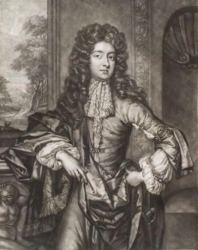 Black and white engraving of a white man in Stuart dress with a long curly wig leaning on a mantelpiece in a room in a grand house
