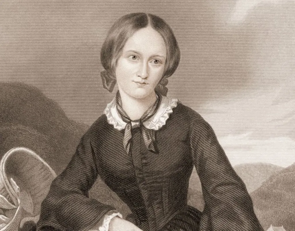 Black and white drawing of Charlotte Bronte, a white woman in Victorian dress