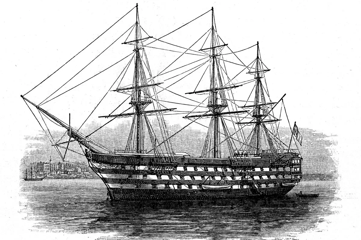 A black and white etching of a ship