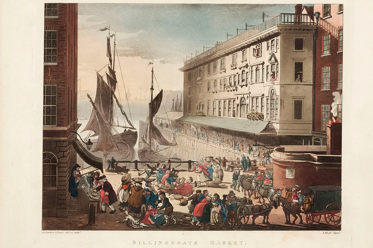 Colour drawing from 1808. A sailing ship docks at Billingsgate Wharf while a crowd of people watch.