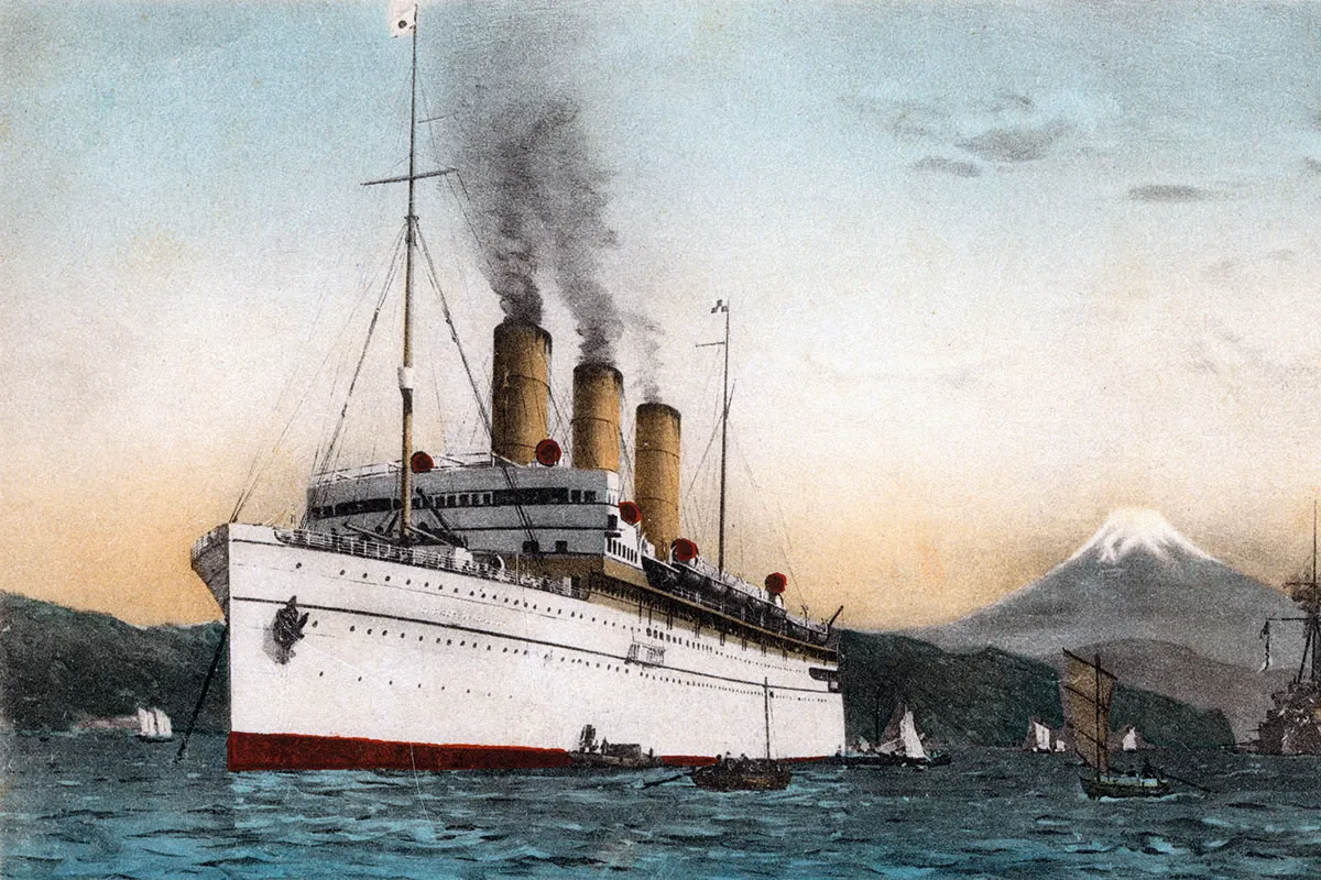 Colour drawing of a steamer at sea, with small Japanese fishing junks around it and Mount Fuji in the background