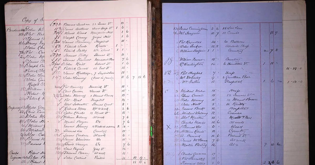 A ledger of Guinness employee records written in old-fashioned handwriting