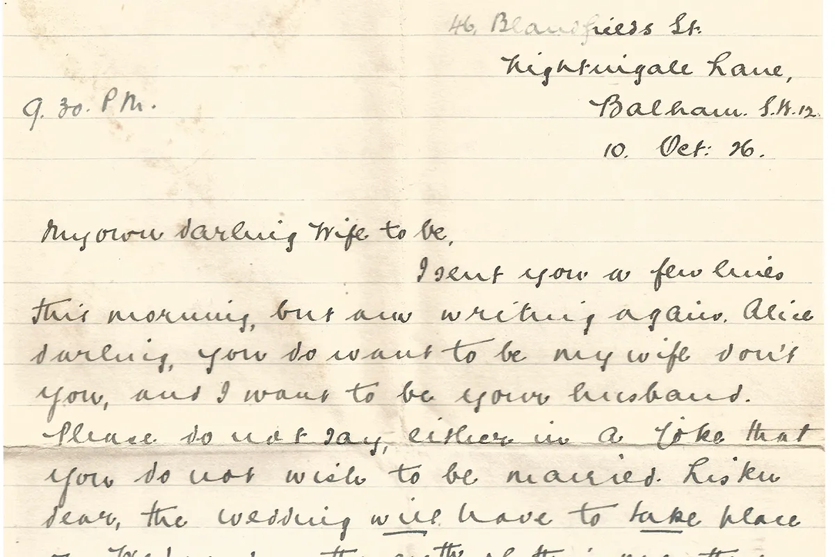 A letter in old-fashioned handwriting beginning with the words 'My own darling wife to be'
