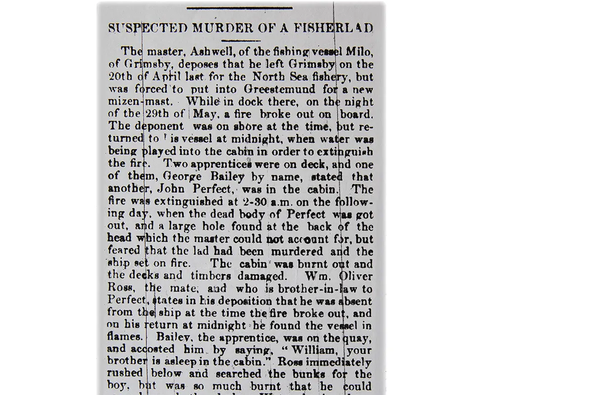 Old newspaper article with the headline 'Suspected Murder of a Fisherlad'