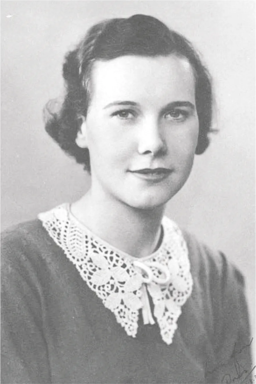 Black and white photograph of a young woman in 1940s clothes