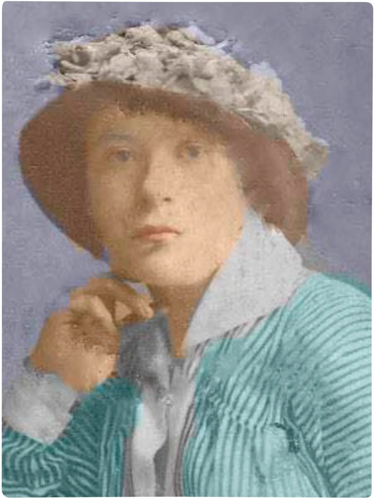 Tinted photograph of a woman with brown hair wearing a green cardigan and a bonnet