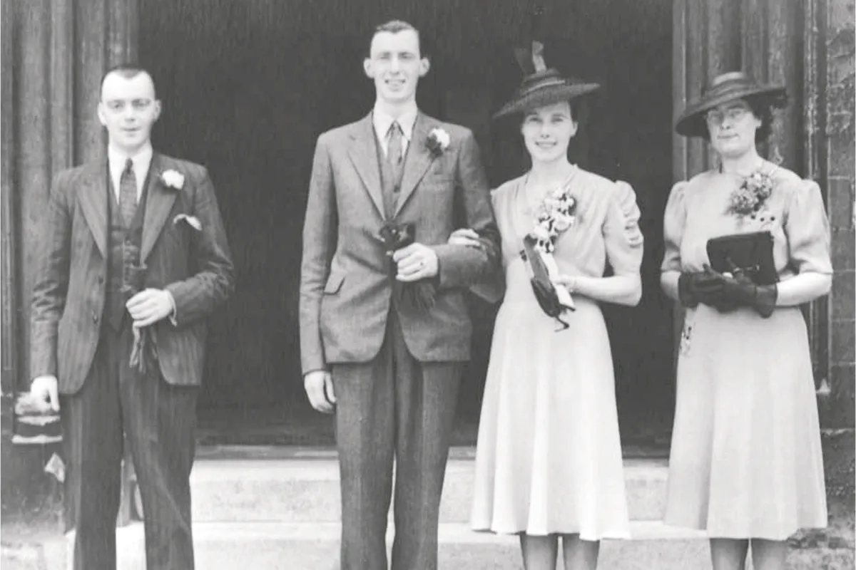 Black and white photograph of a Second World War wedding