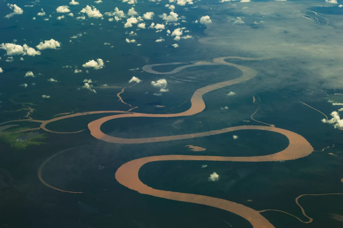 Aerial view of the Amazon river twisting through the rainforest near Manaus