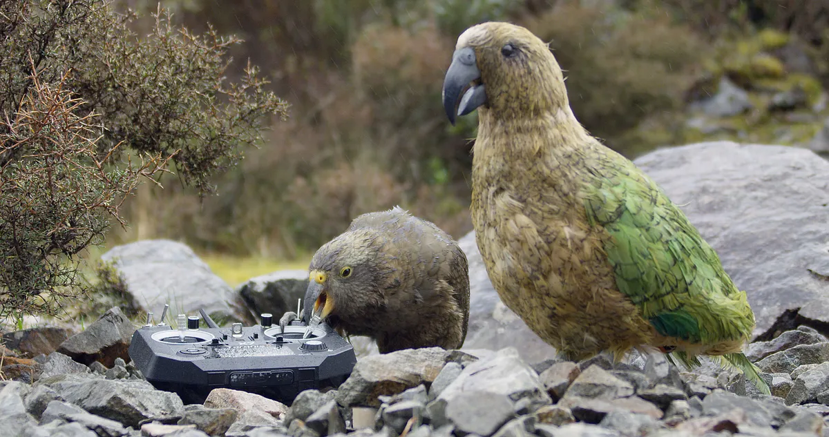 Kea biting controller with Spy Kea in foreground, New Zealand. © BBC/John Downer Productions/Matthew Goodman