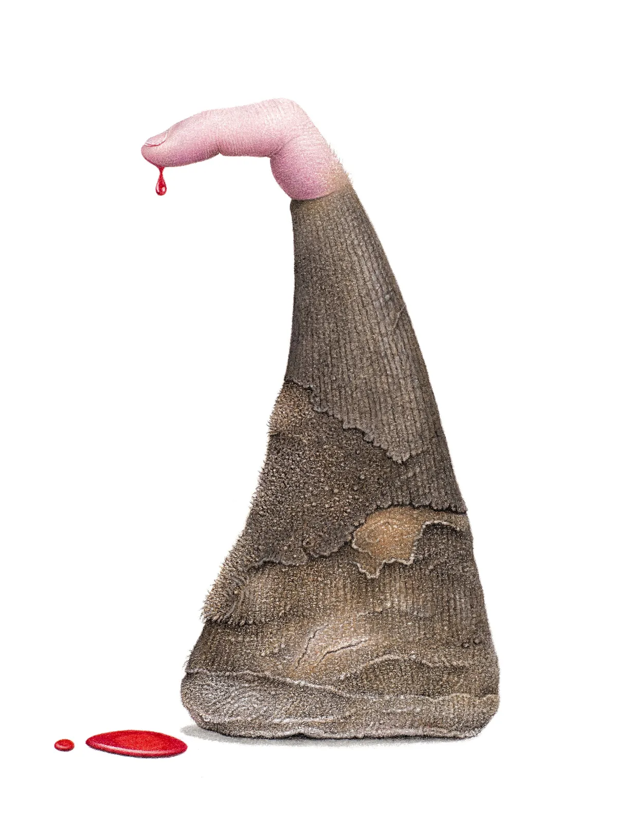 'Keratin'. Drawing of a rhino horn with a bloody human finger. © mART