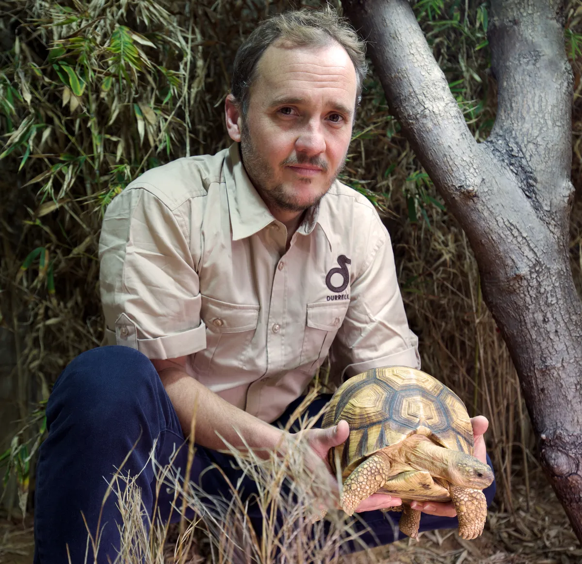 Rich Young with a Ploughshare tortoise. © Durrell Conservation Trust