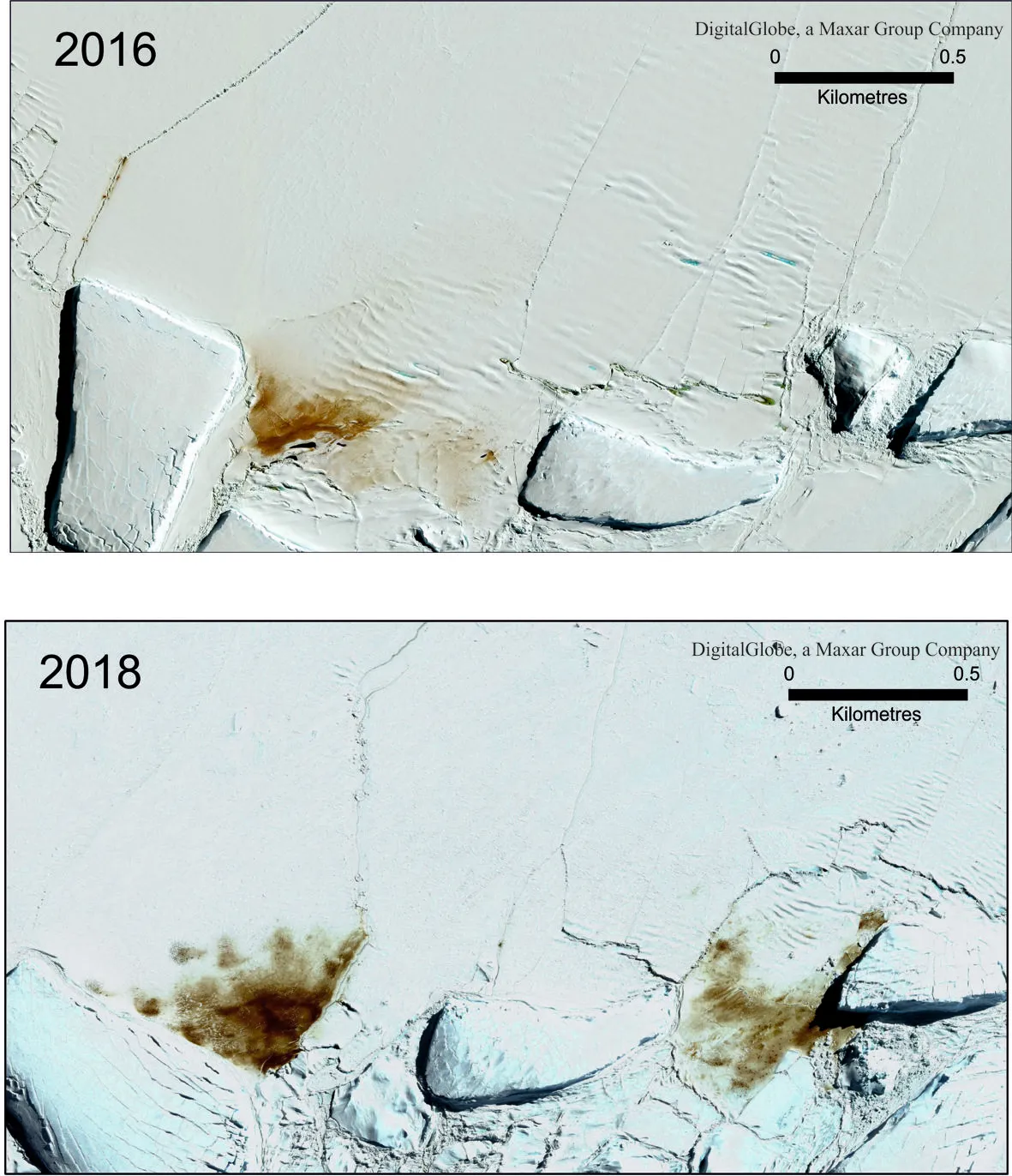 Satellite imagery comparison of Dawson Lambton emperor colony 2016 and 2018. © DigitalGlobe/Maxar Group