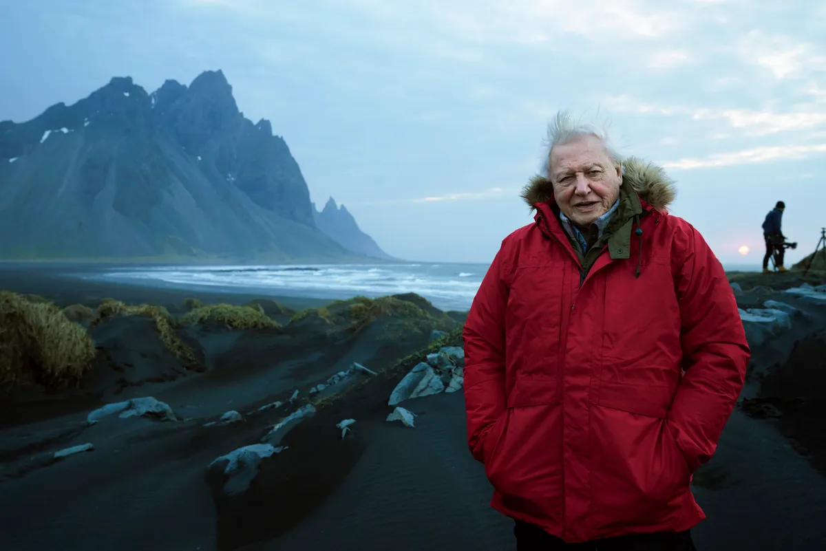 David Attenborough filming at Stokksnes beach in Iceland for Seven Worlds, One Planet. © Alex Board/BBC NHU