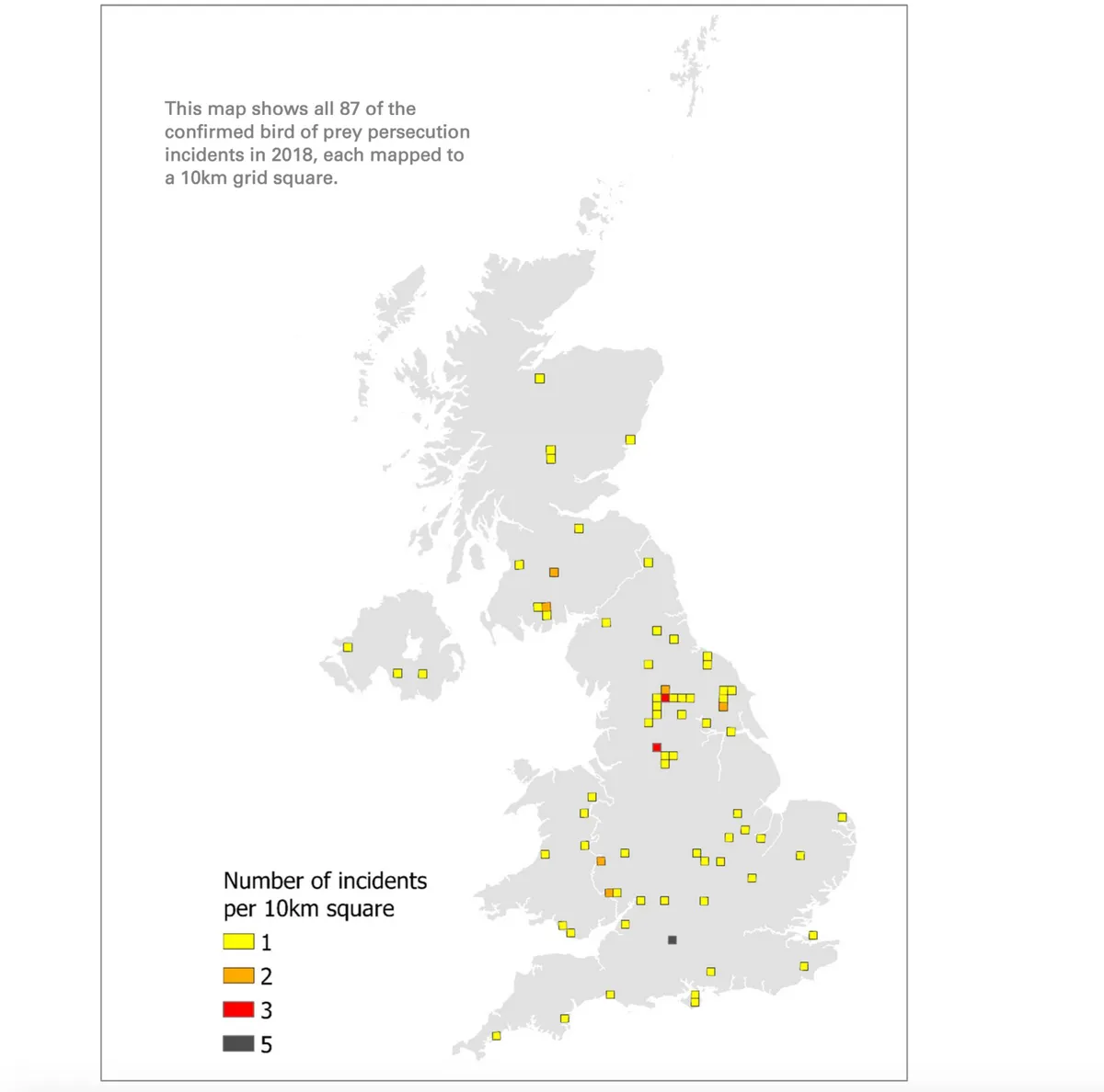 UK map of the 2018 confirmed bird of prey persecution incidents.