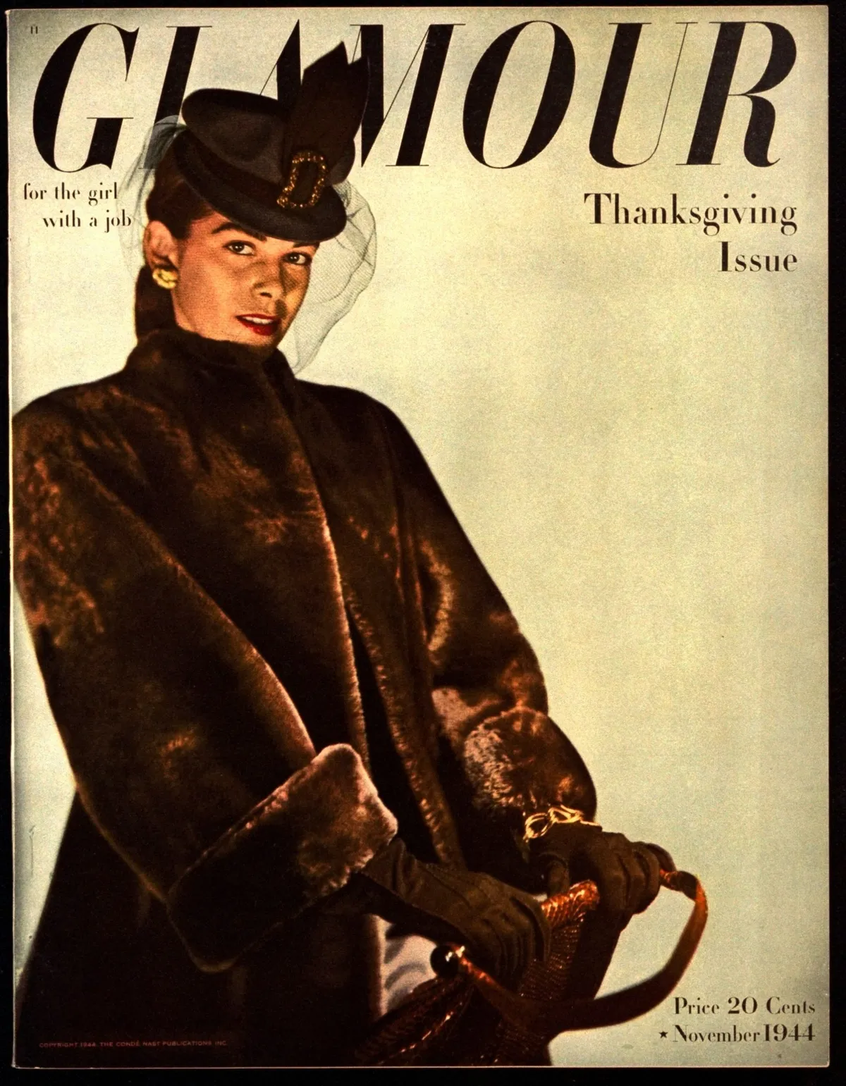 Glamour Magazine Cover from 1944: Model in beaver coat by Laskin Mouton, Russek's N. Y. hat, and Lesco bag. © Constantin Joffe/Conde Nast/Getty