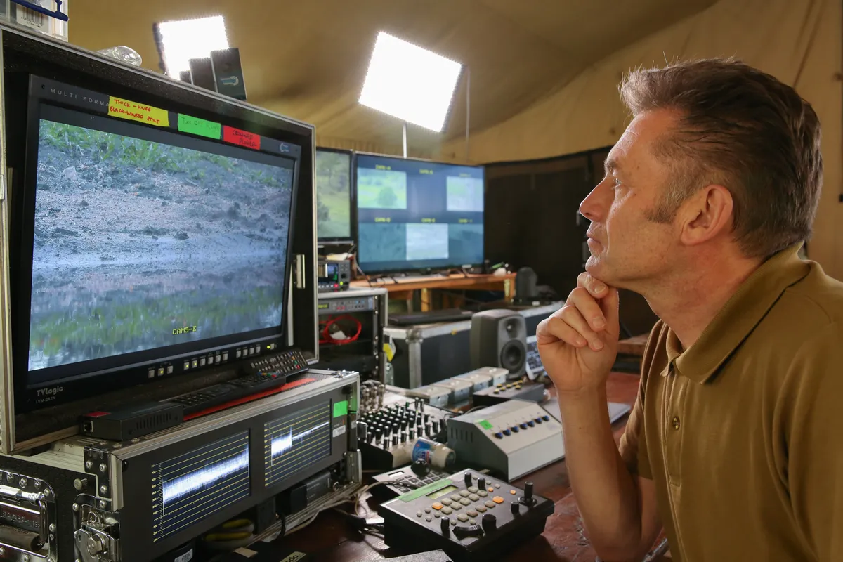 Chris Packham inside the gallery, where cameras are monitored around the clock by a team of scientists and researchers. © Clare Jones/BBC