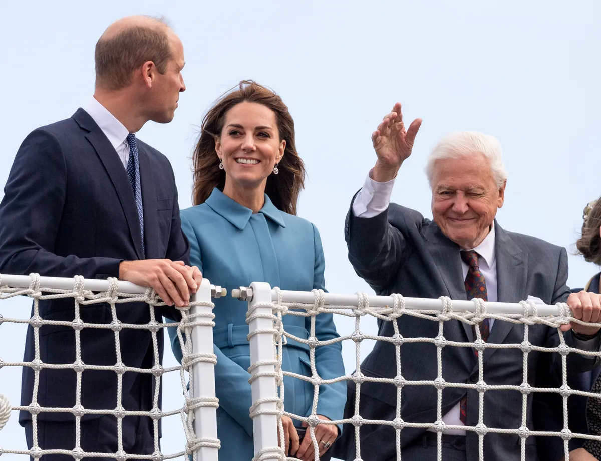 Catherine, Duchess of Cambridge and Prince William, Duke of Cambridge with Sir David Attenborough attend the naming ceremony for The RSS Sir David Attenborough in 2019. © Mark Cuthbert/UK Press/Getty