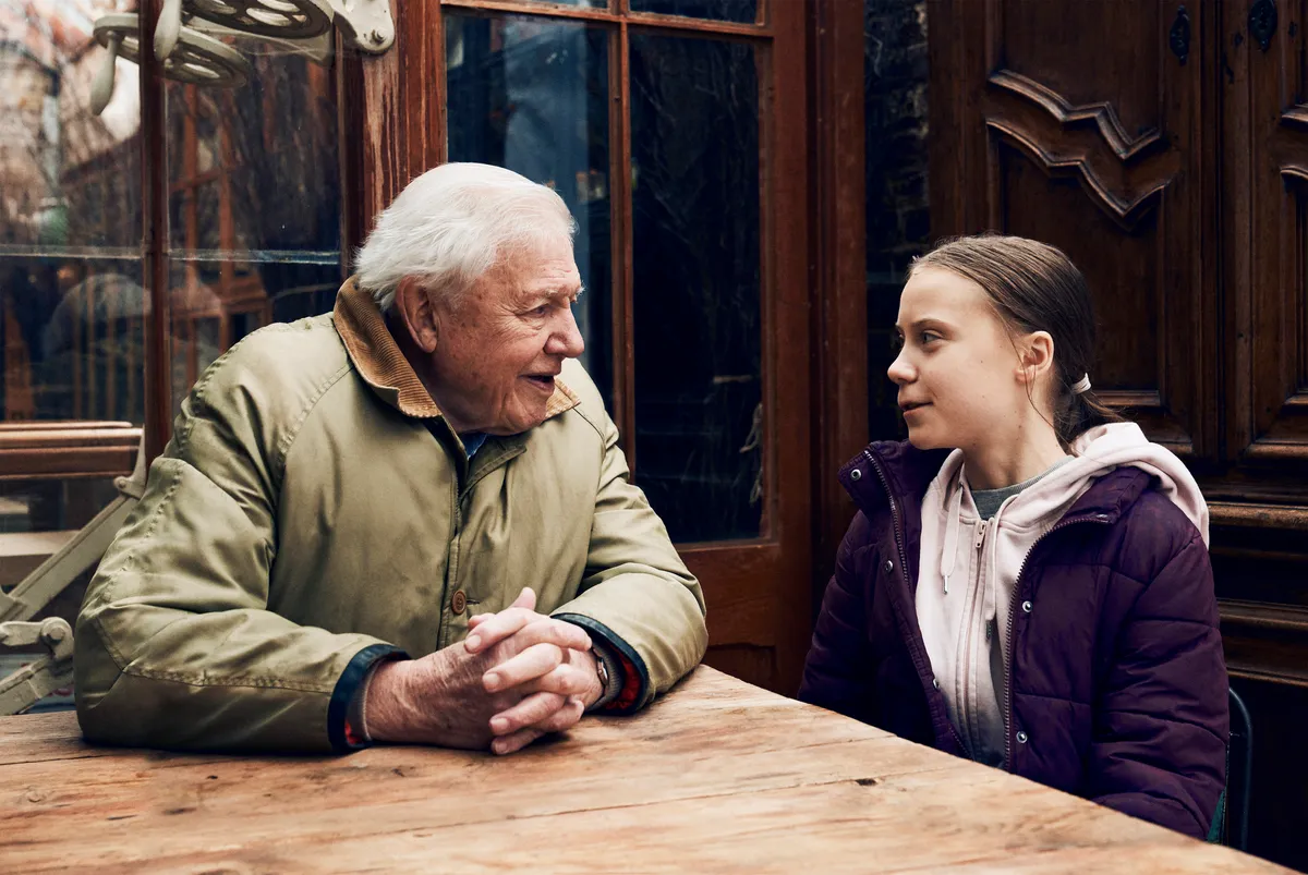 Sir David Attenborough with Greta Thunberg. © Alex Board/BBC Studios