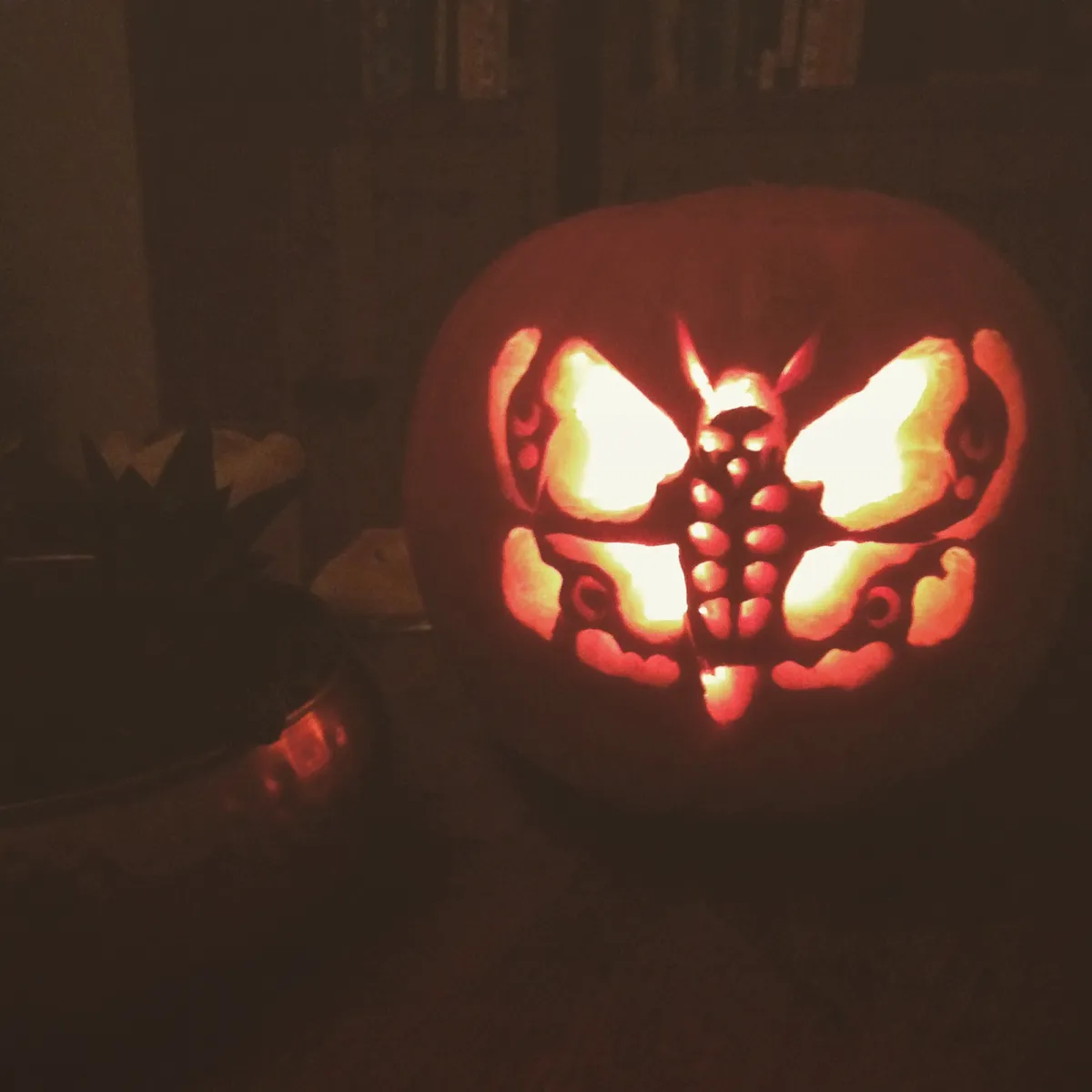A pumpkin in the dark, lit up from inside to show the carving of a death's head hawk-moth.