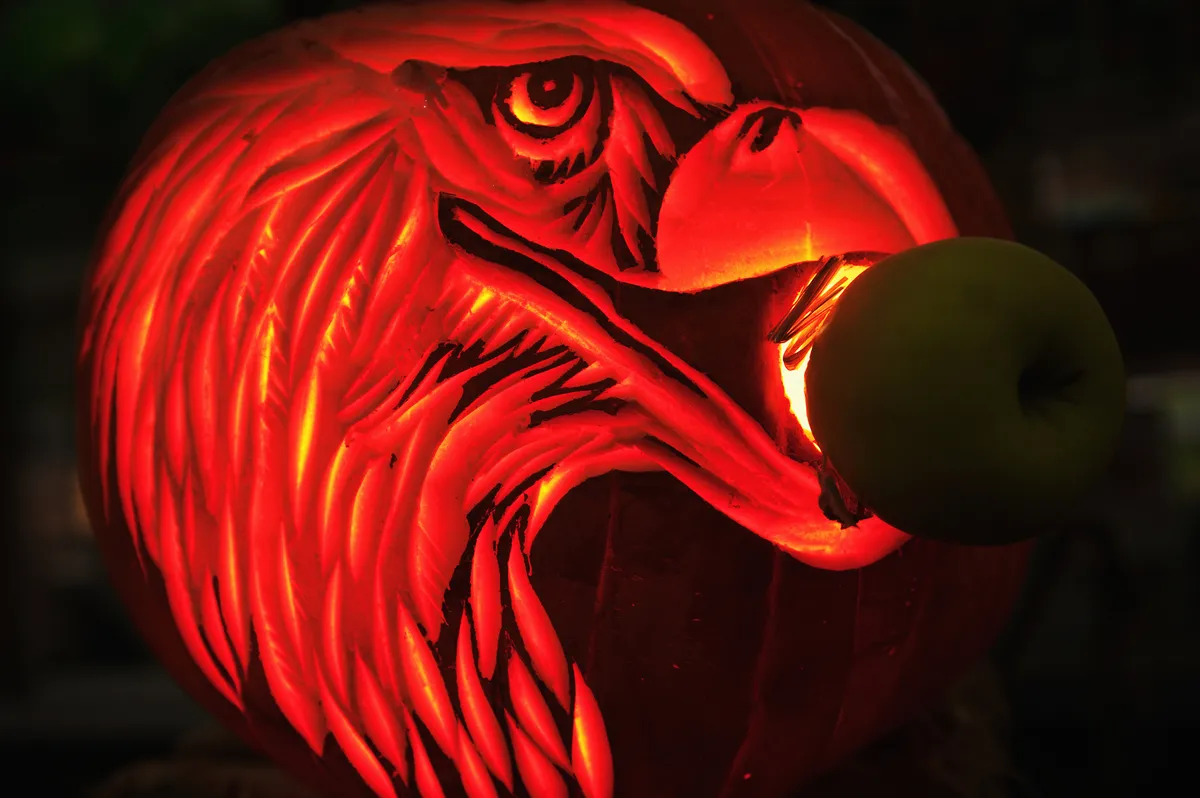 A pumpkin in darkness, lit from within to show an eagle carving. An apple in the beak of the eagle can just be made out.
