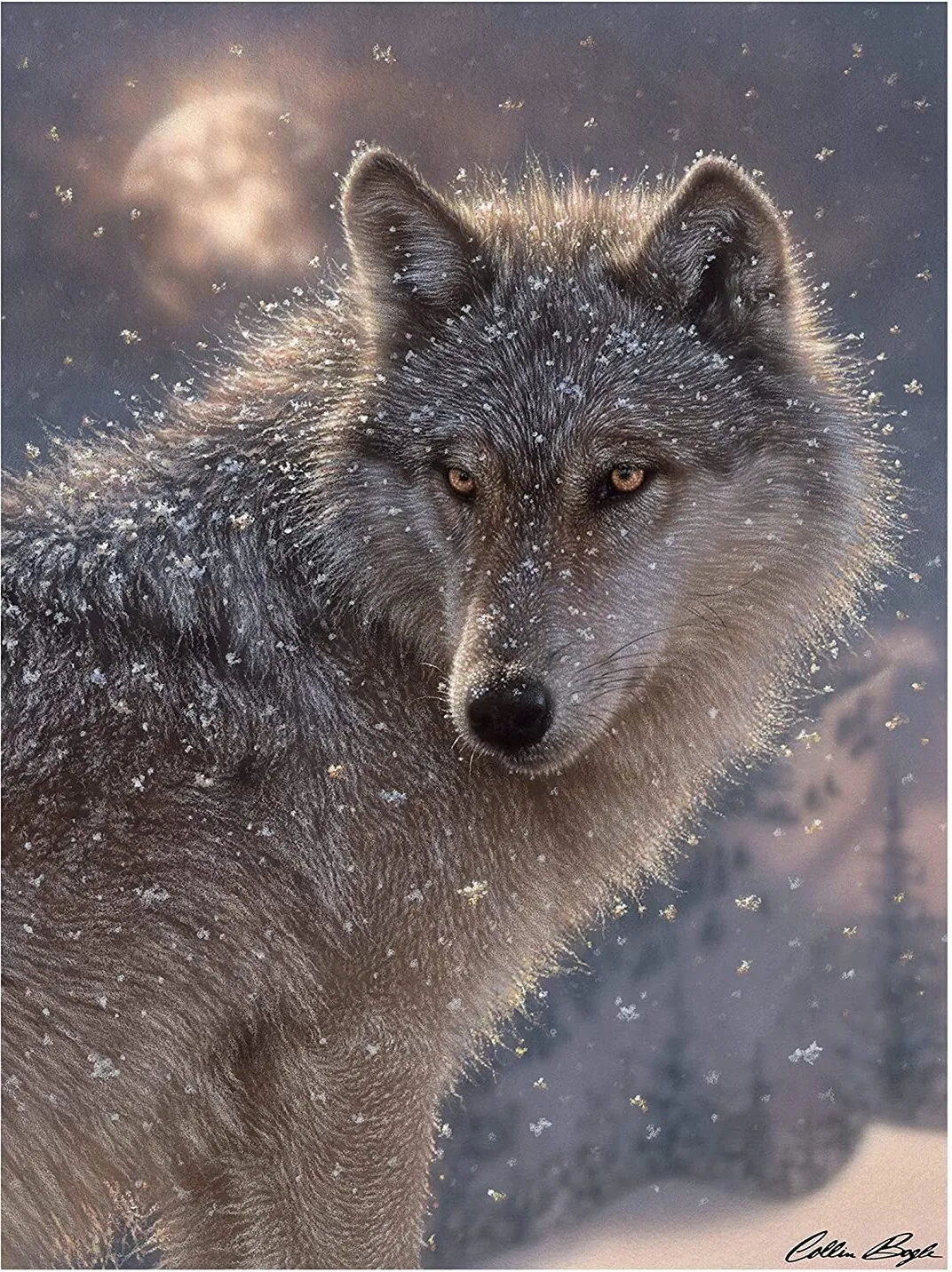 A wolf looks into past the camera with full moon in background