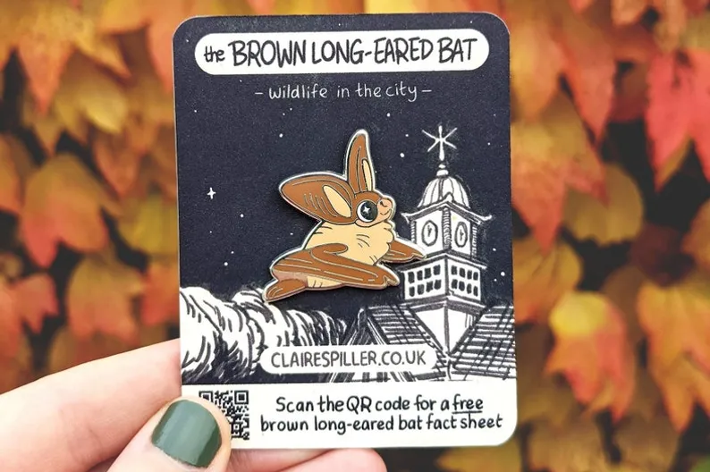 Brown longeared bat enamel pin. Claire Spiller