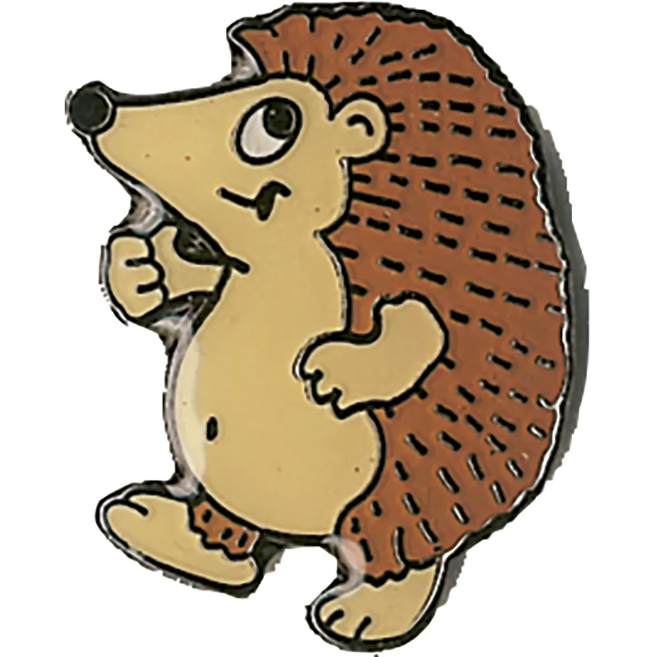 A cartoon hedgehog enamel pin badge against a white background.