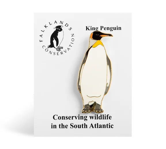 A king penguin enamel pin with gold inlay, attached to a white card, against a white background.