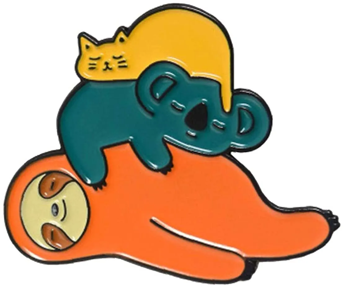 Three animals on a pin badge against a white background. An orange sloth is sleeping at the bottom of the group, then a sleeping blue-green koala, and then a yellow cat on top.