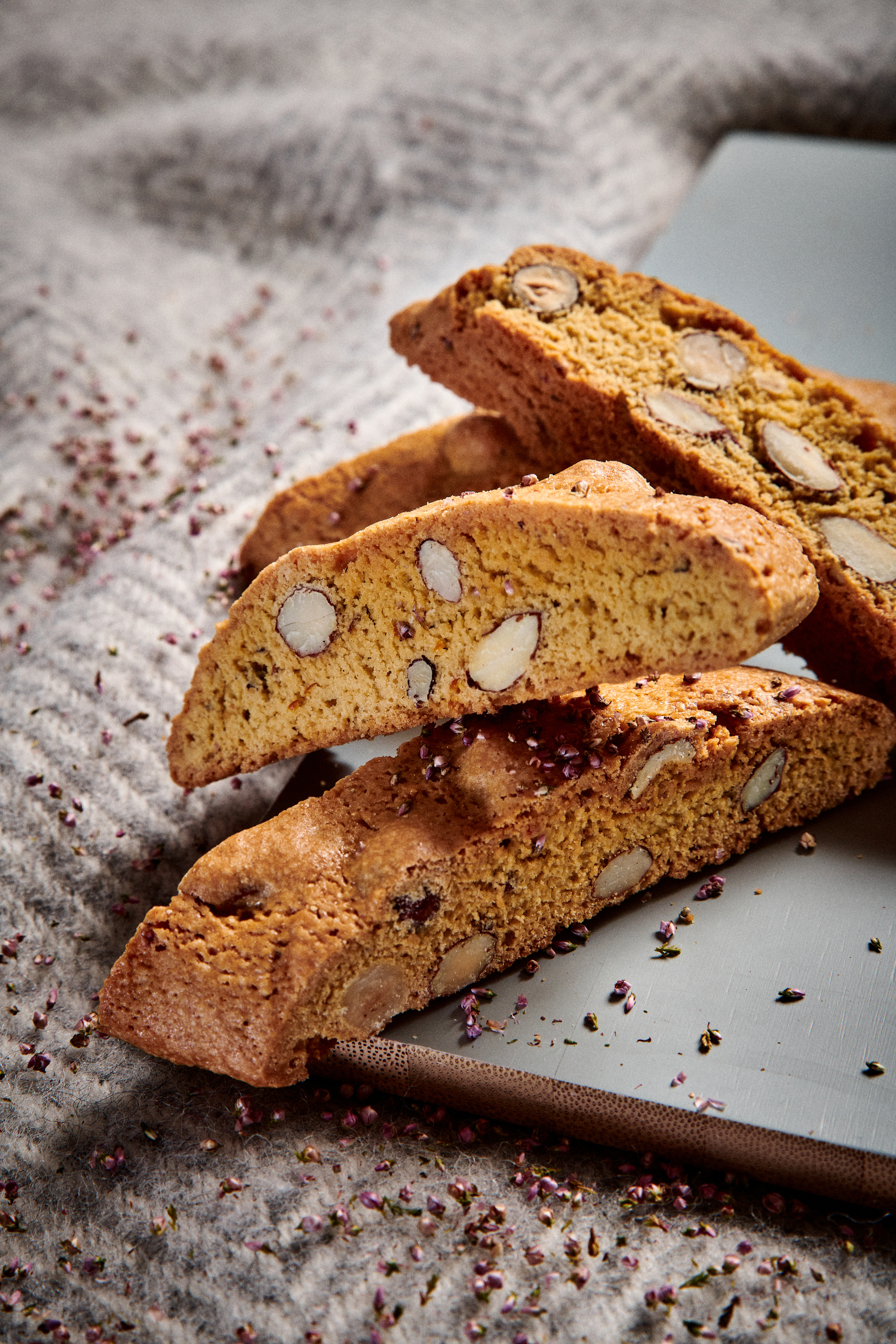Four pieces of heather biscotti piled together