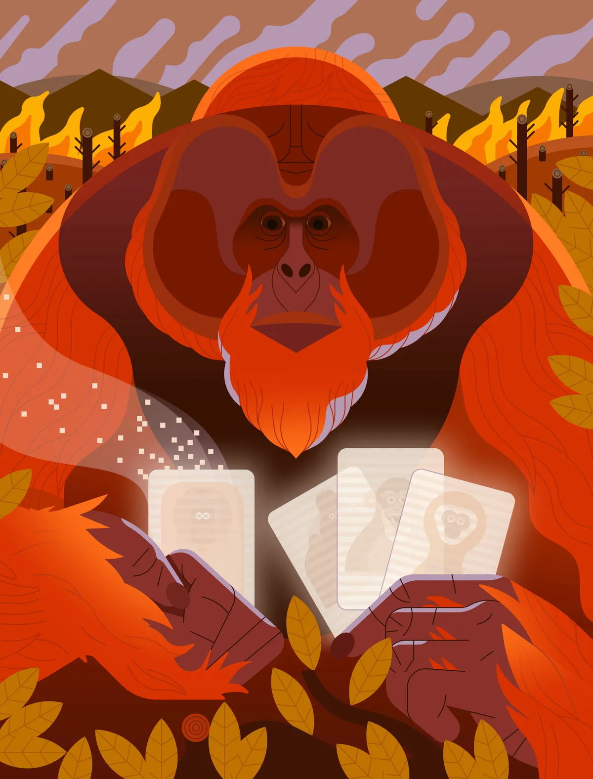 An illustration of an orangutan holding digital files, whilst a forest burns in the background.