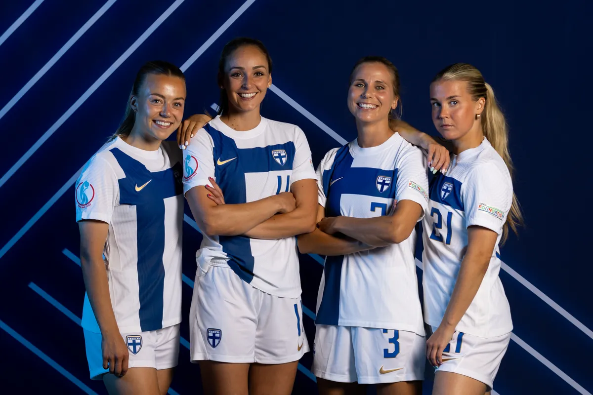 HELSINKI, FINLAND - JUNE 23: (L-R) Olga Ahtinen, Nora Heroum, Tuija Hyyrynen and Amanda Rantanen of Finland pose for a portrait during the official UEFA Women's EURO 2022 portrait session on June 23, 2022 in Helsinki, Finland. (Photo by Catherine Ivill - UEFA/UEFA via Getty Images)