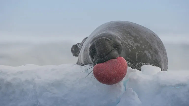 A male hooded seal inflates a membrane in his left nostril creating a red balloon.