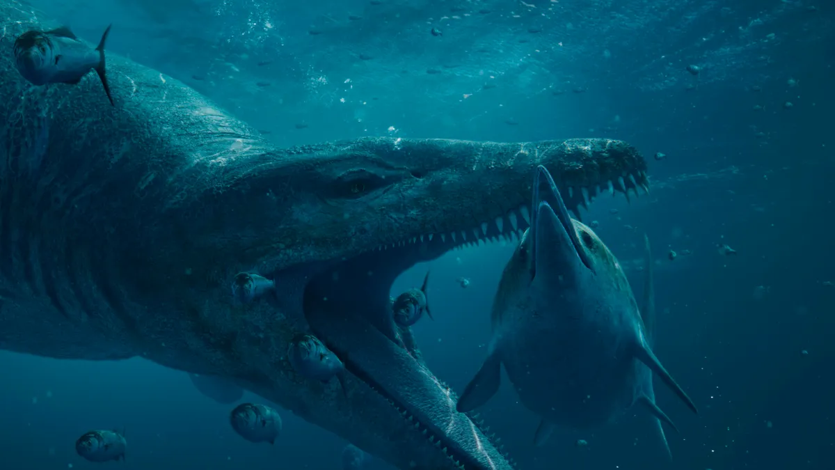 Pliosaur attacking ichthyosaur in ocean