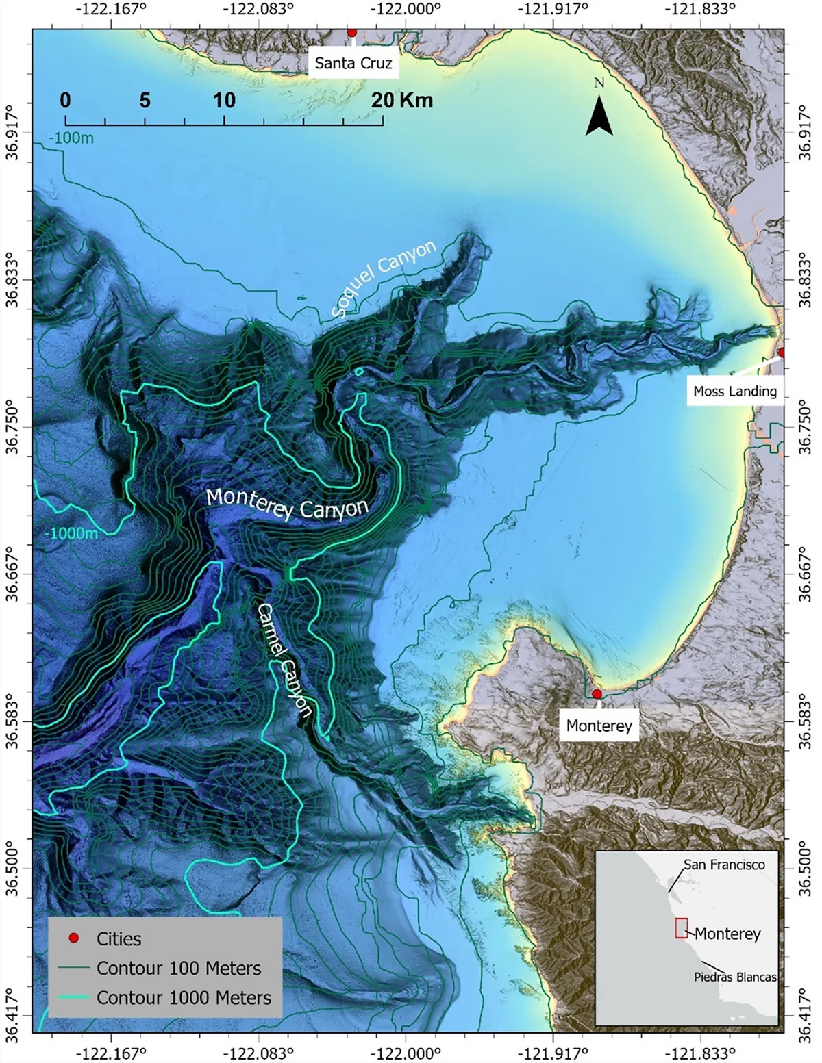 Study area and submarine canyon system of Monterey Bay in California